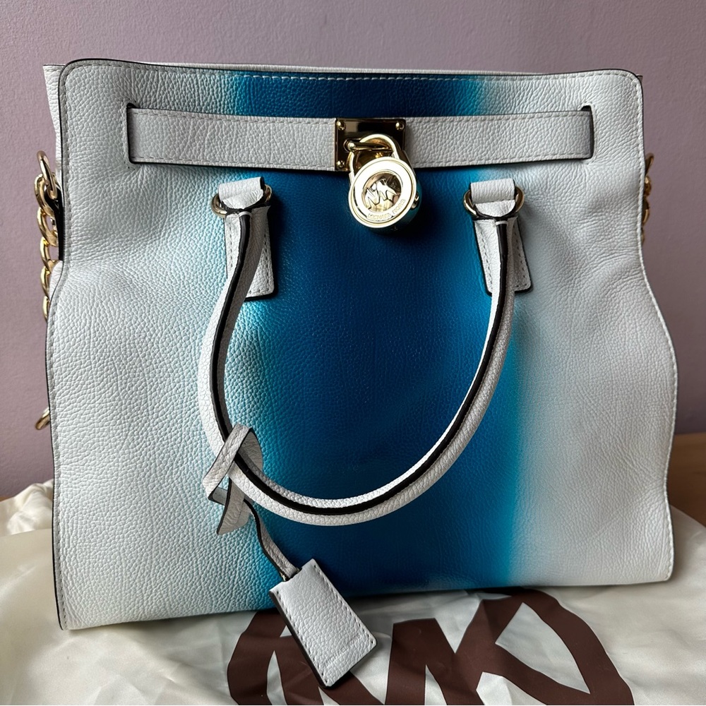 MICHAEL KORS Hamilton Spray Large Pebble Leather Tote Bag White/Blue